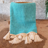 Aqua Blue Raw Cotton Throw with White Beaded Tassels | 140×200cm Soft & Bright Cotton Blanket for Sofa & Bed